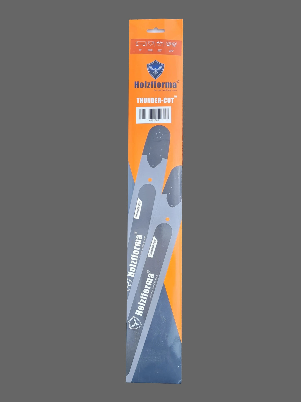 Holzfforma 18 inch chainsaw guide bar with a sprocket nose in a mostly orange cardboard sleeve. Holzfforma is printed on the bar.