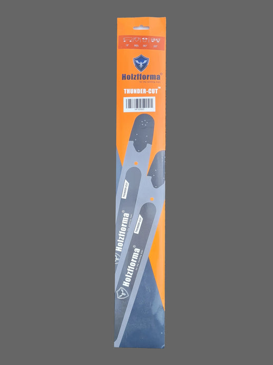 Holzfforma 18 inch chainsaw guide bar with a sprocket nose in a mostly orange cardboard sleeve. Holzfforma is printed on the bar.